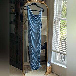 bebe NWT Steel Quiet Harbor Blue ASYMMETRICAL RUCHED TIE HEM DRESS